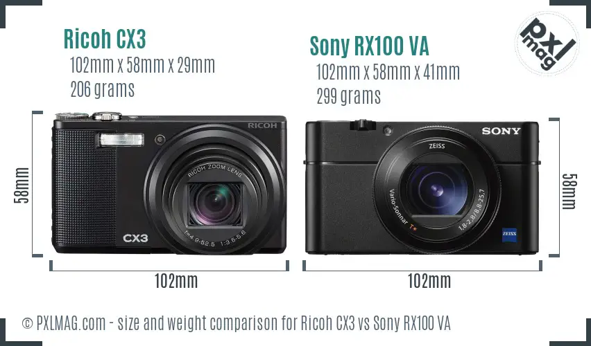Ricoh CX3 vs Sony RX100 VA size comparison