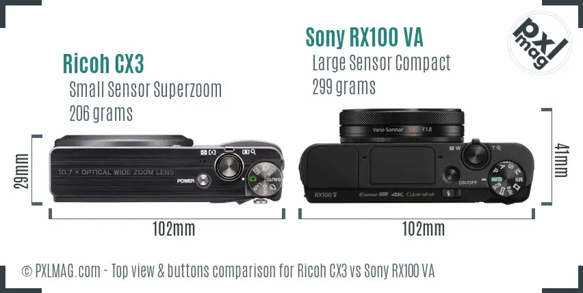 Ricoh CX3 vs Sony RX100 VA top view buttons comparison