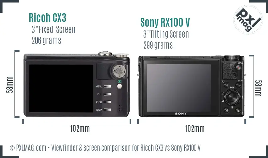 Ricoh CX3 vs Sony RX100 V Screen and Viewfinder comparison