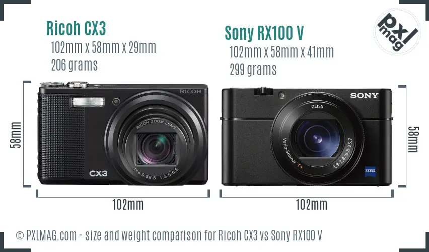 Ricoh CX3 vs Sony RX100 V size comparison