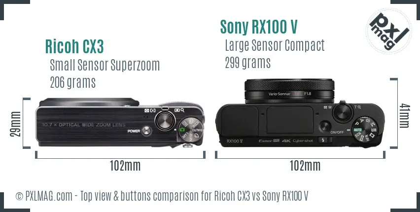 Ricoh CX3 vs Sony RX100 V top view buttons comparison