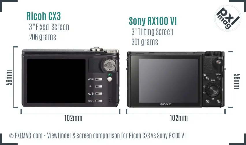 Ricoh CX3 vs Sony RX100 VI Screen and Viewfinder comparison