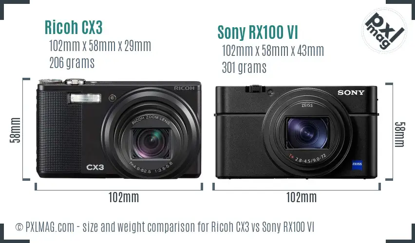 Ricoh CX3 vs Sony RX100 VI size comparison