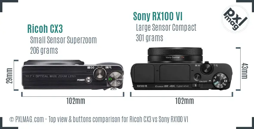 Ricoh CX3 vs Sony RX100 VI top view buttons comparison
