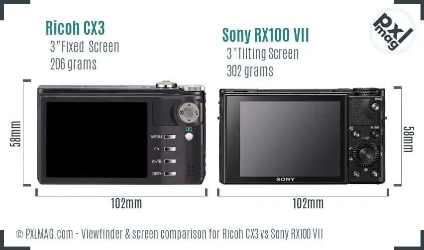 Ricoh CX3 vs Sony RX100 VII Screen and Viewfinder comparison
