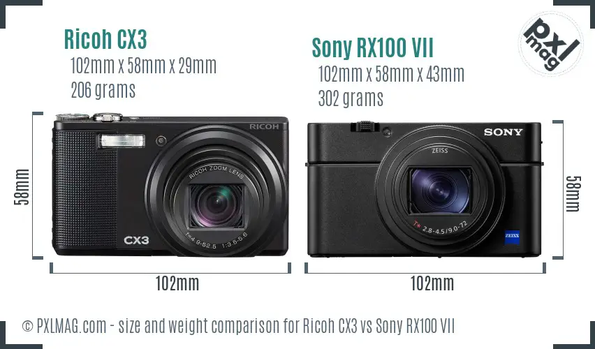 Ricoh CX3 vs Sony RX100 VII size comparison