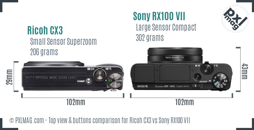 Ricoh CX3 vs Sony RX100 VII top view buttons comparison