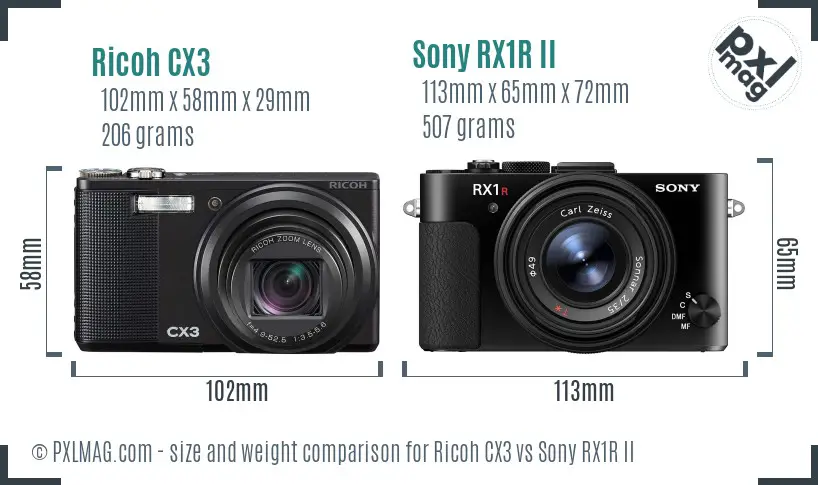 Ricoh CX3 vs Sony RX1R II size comparison