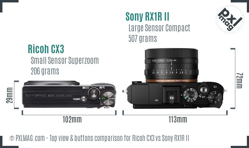 Ricoh CX3 vs Sony RX1R II top view buttons comparison