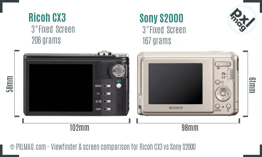 Ricoh CX3 vs Sony S2000 Screen and Viewfinder comparison