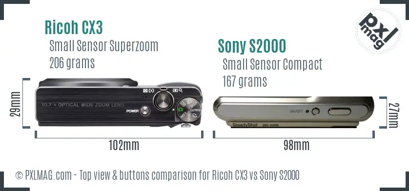 Ricoh CX3 vs Sony S2000 top view buttons comparison