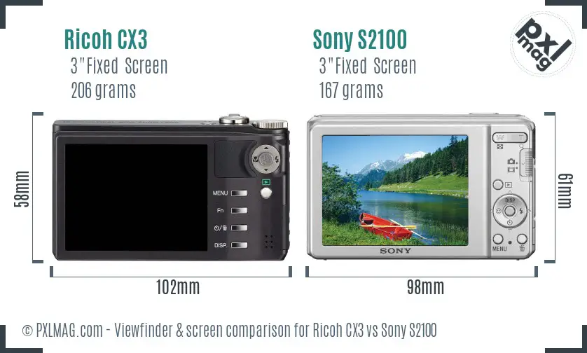 Ricoh CX3 vs Sony S2100 Screen and Viewfinder comparison