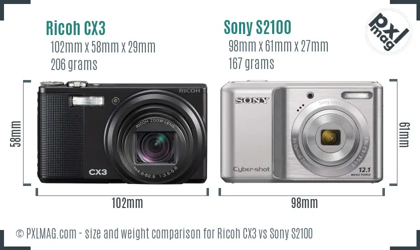 Ricoh CX3 vs Sony S2100 size comparison