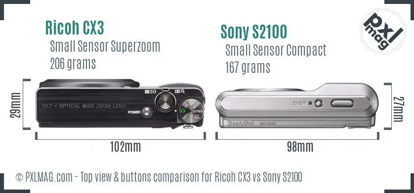 Ricoh CX3 vs Sony S2100 top view buttons comparison