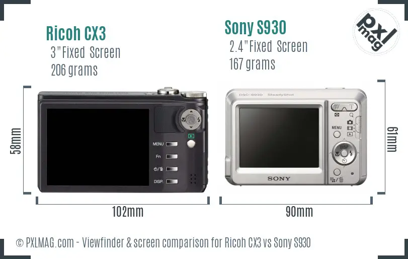Ricoh CX3 vs Sony S930 Screen and Viewfinder comparison