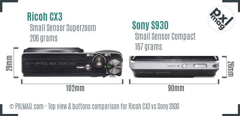 Ricoh CX3 vs Sony S930 top view buttons comparison