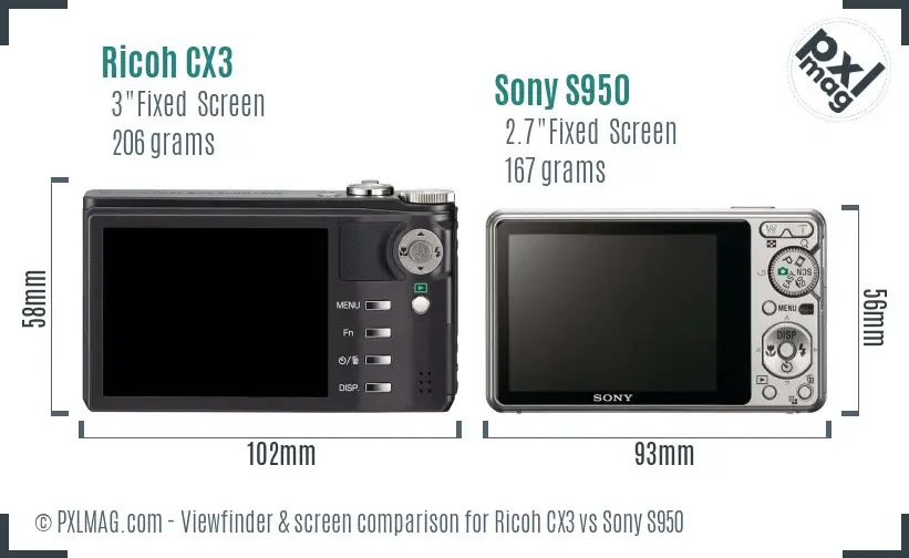 Ricoh CX3 vs Sony S950 Screen and Viewfinder comparison