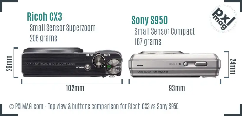 Ricoh CX3 vs Sony S950 top view buttons comparison