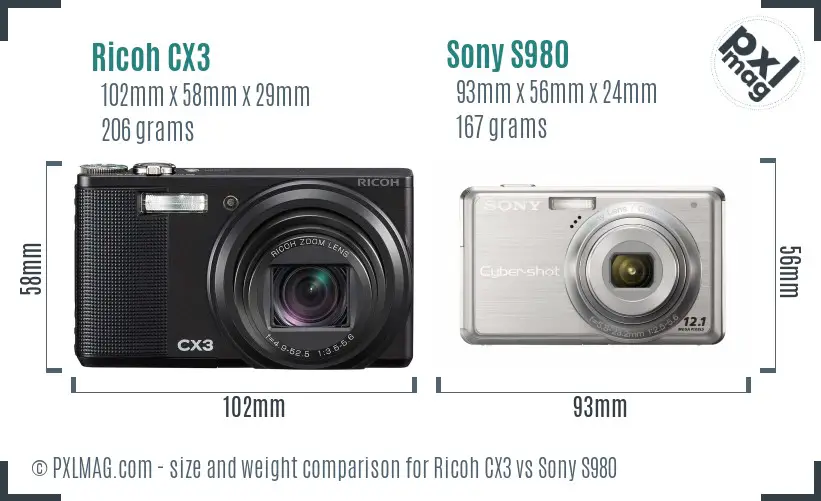 Ricoh CX3 vs Sony S980 size comparison