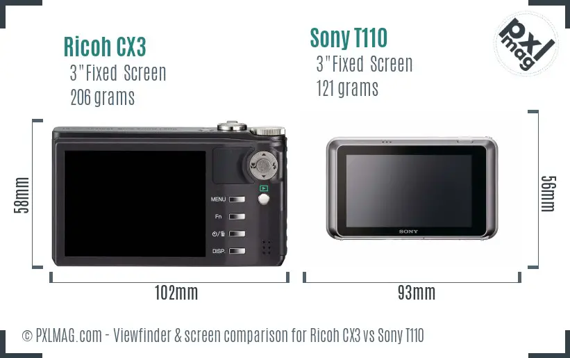 Ricoh CX3 vs Sony T110 Screen and Viewfinder comparison