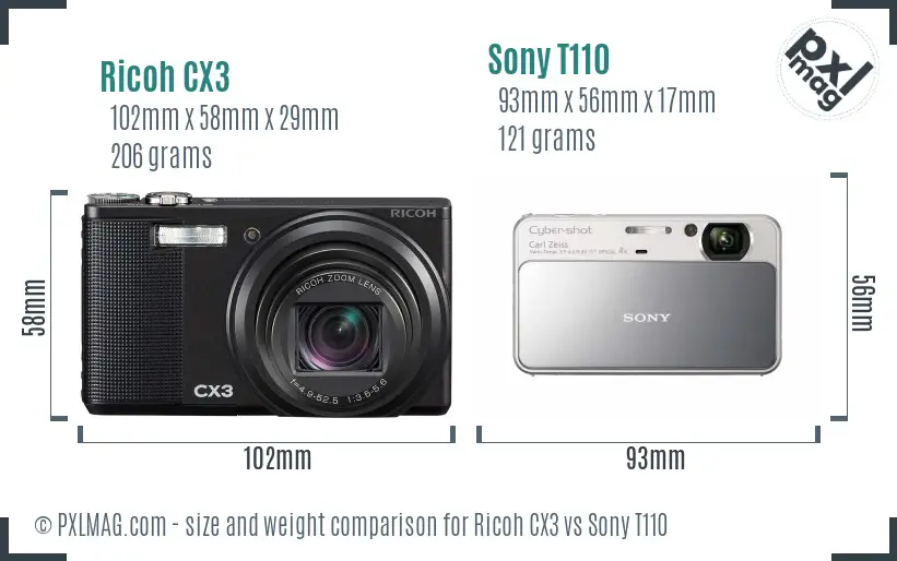 Ricoh CX3 vs Sony T110 size comparison