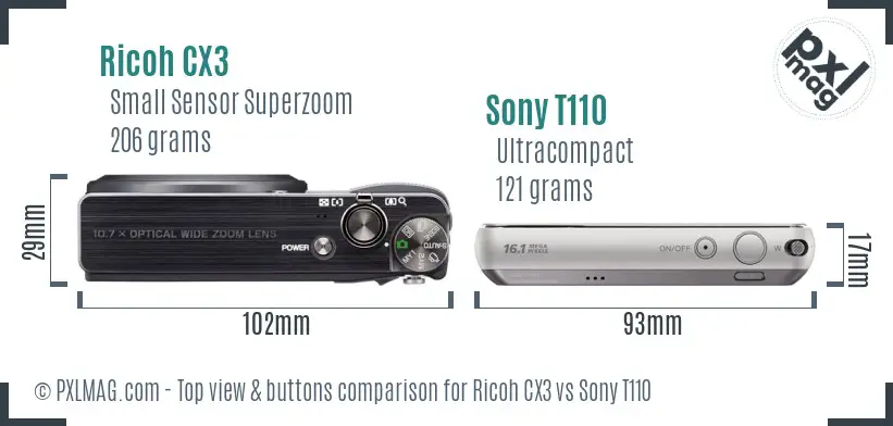 Ricoh CX3 vs Sony T110 top view buttons comparison