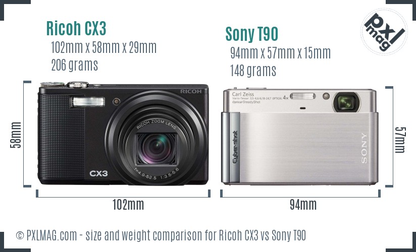 Ricoh CX3 vs Sony T90 size comparison