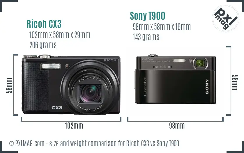 Ricoh CX3 vs Sony T900 size comparison