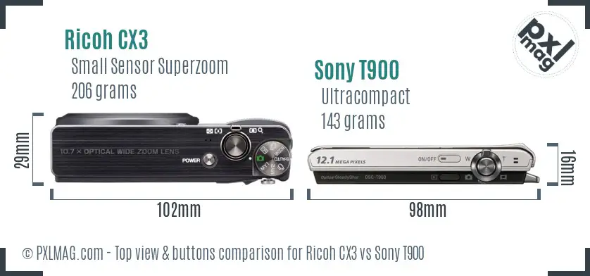 Ricoh CX3 vs Sony T900 top view buttons comparison