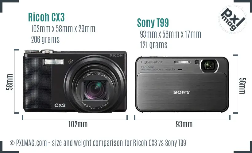 Ricoh CX3 vs Sony T99 size comparison