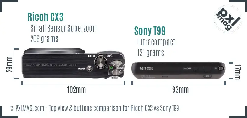 Ricoh CX3 vs Sony T99 top view buttons comparison