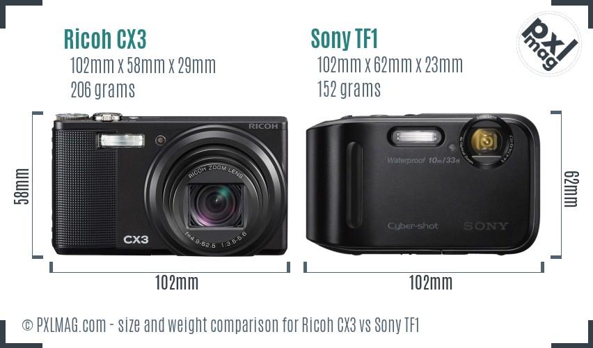 Ricoh CX3 vs Sony TF1 size comparison