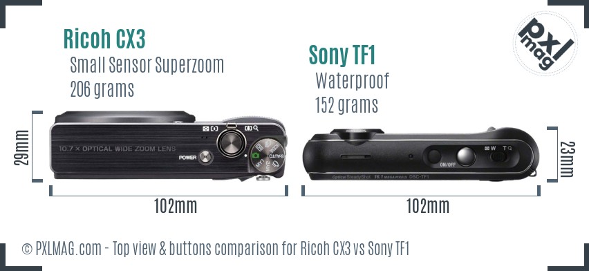 Ricoh CX3 vs Sony TF1 top view buttons comparison