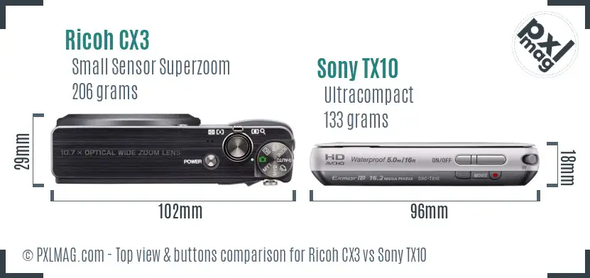 Ricoh CX3 vs Sony TX10 top view buttons comparison