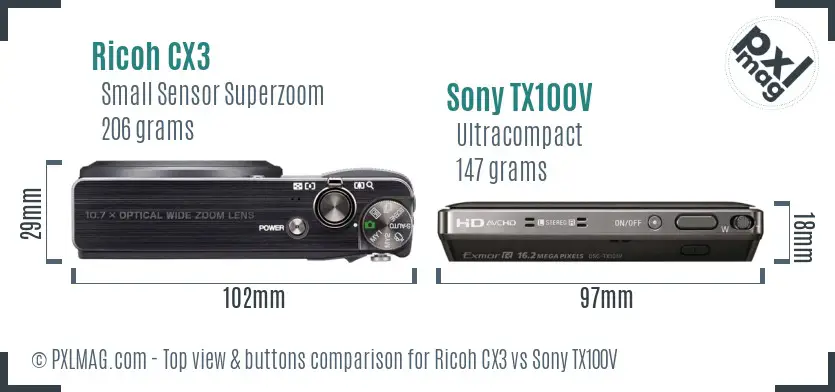 Ricoh CX3 vs Sony TX100V top view buttons comparison