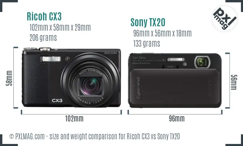 Ricoh CX3 vs Sony TX20 size comparison