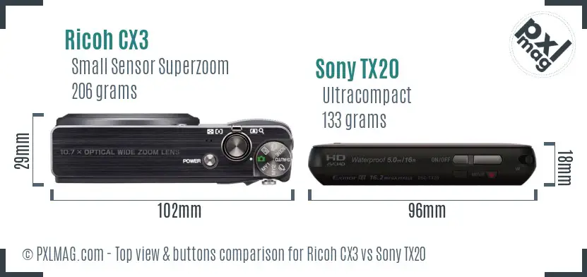 Ricoh CX3 vs Sony TX20 top view buttons comparison