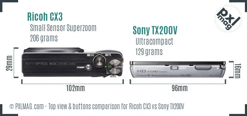 Ricoh CX3 vs Sony TX200V top view buttons comparison