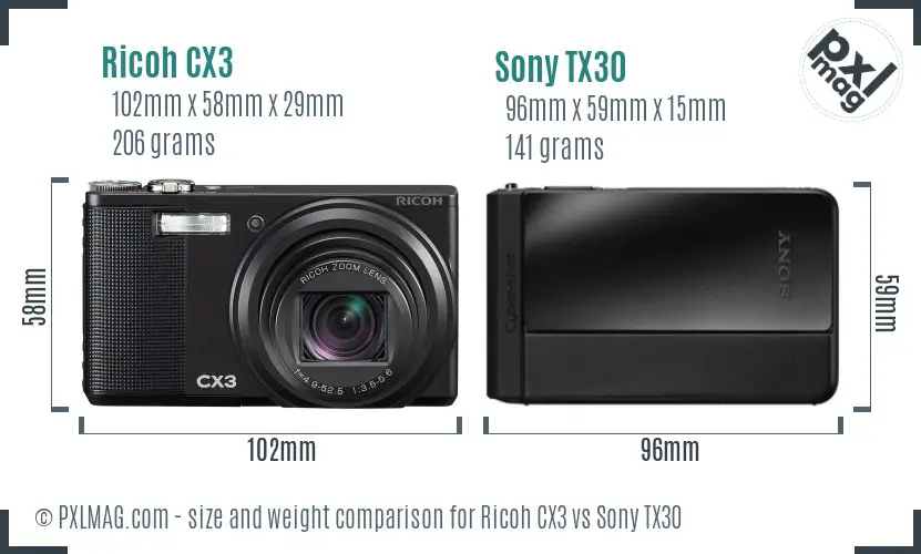 Ricoh CX3 vs Sony TX30 size comparison