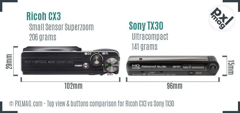Ricoh CX3 vs Sony TX30 top view buttons comparison