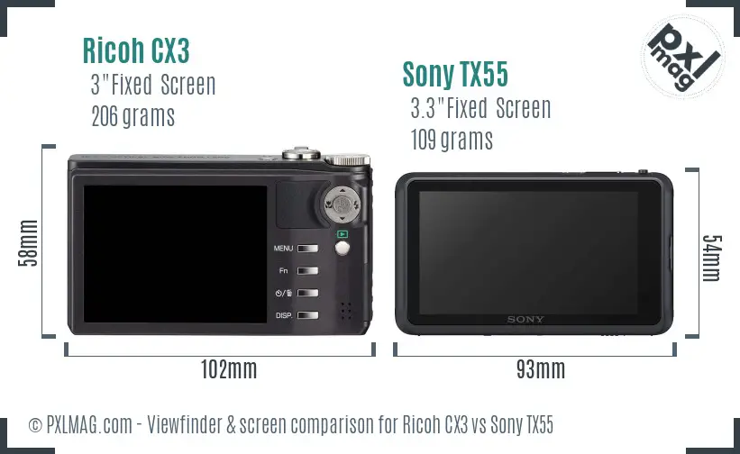 Ricoh CX3 vs Sony TX55 Screen and Viewfinder comparison