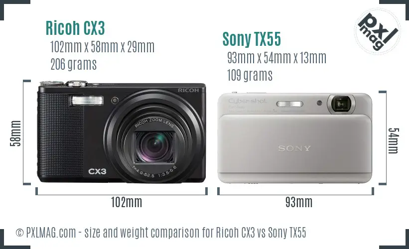 Ricoh CX3 vs Sony TX55 size comparison
