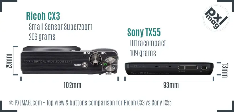 Ricoh CX3 vs Sony TX55 top view buttons comparison