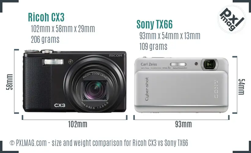 Ricoh CX3 vs Sony TX66 size comparison
