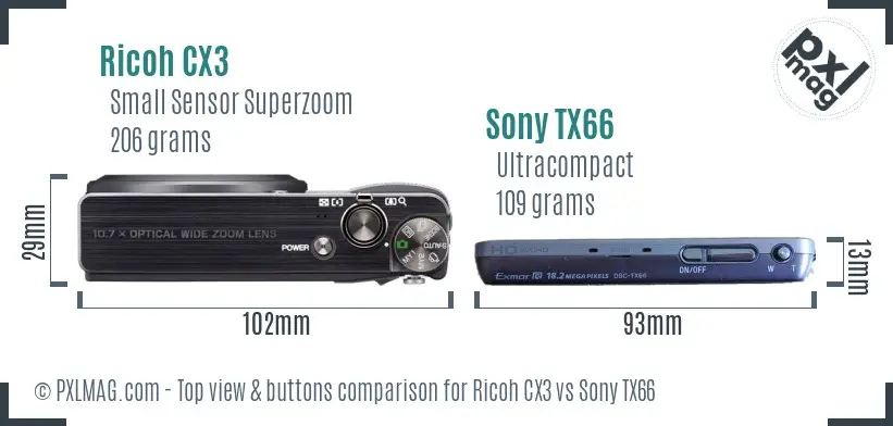 Ricoh CX3 vs Sony TX66 top view buttons comparison