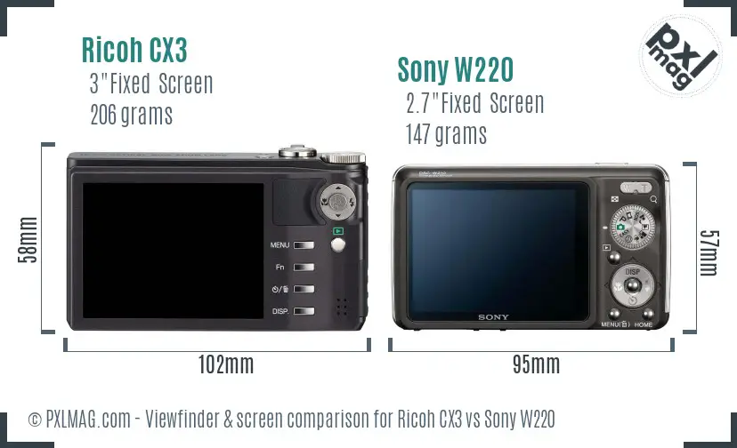 Ricoh CX3 vs Sony W220 Screen and Viewfinder comparison