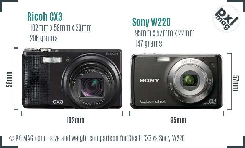Ricoh CX3 vs Sony W220 size comparison