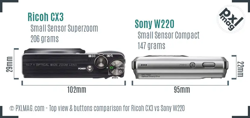 Ricoh CX3 vs Sony W220 top view buttons comparison