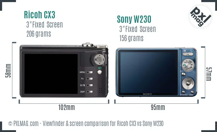 Ricoh CX3 vs Sony W230 Screen and Viewfinder comparison