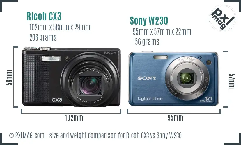 Ricoh CX3 vs Sony W230 size comparison